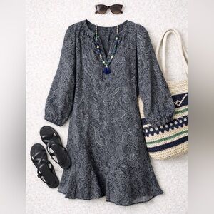 LOFT Charcoal Paisley Long Sleeve Dress